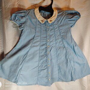 vintage little girls light blue dress with embroidered peter pan collar buttons